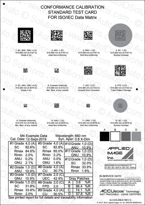 Conformance Calibration Standard Test Card for ISO/IEC Data Matrix Symbol Verifiers (AI-CCS-DM-E Rev C)